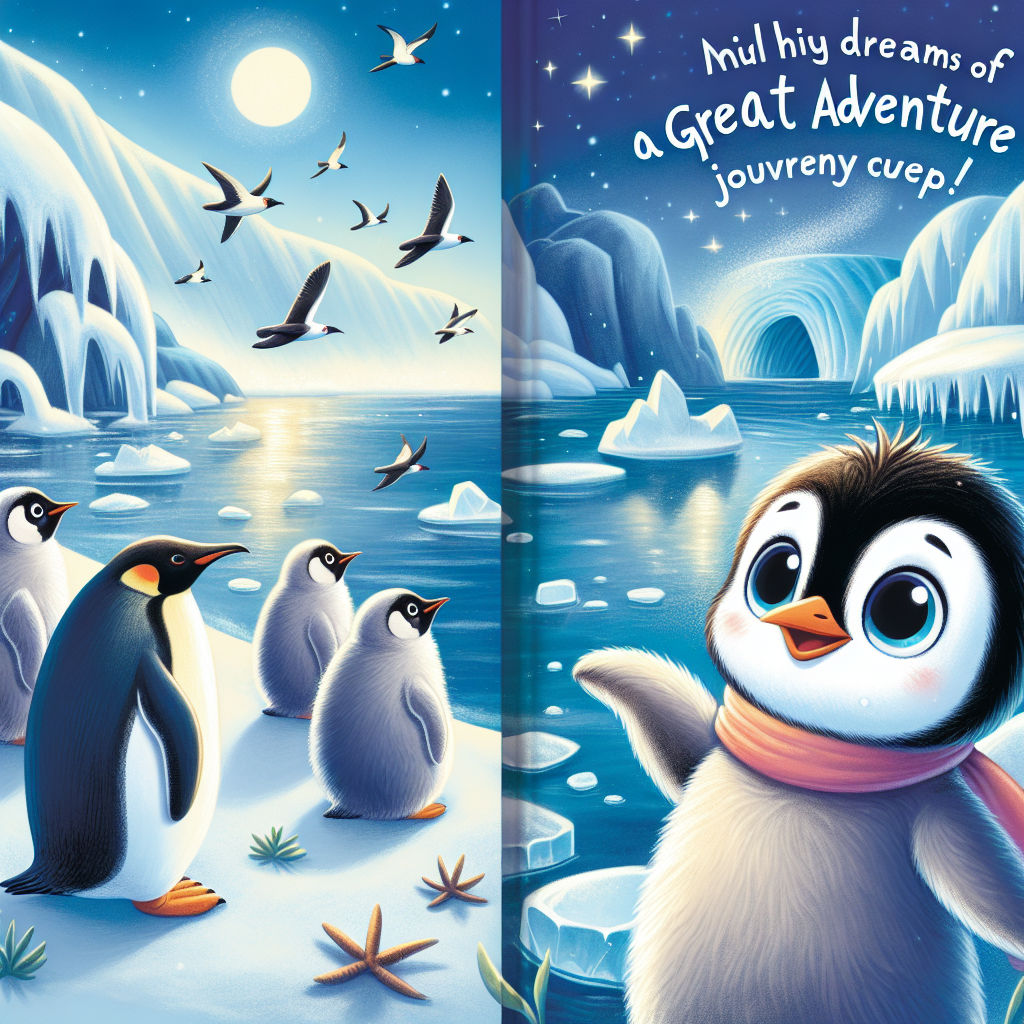 Der kleine Pinguin Pipo träumt von einer großen Abenteuerreise über das eisige Meer. Auf seiner Suche nach neuen Freunden und aufregenden Erfahrungen begegnet er mutigen Seevögeln und freundlichen Robben. Doch als ein unerwarteter Sturm aufzieht, muss Pipo seinen Mut beweisen und sich den Herausforderungen stellen. Wird er es schaffen, seinen Traum zu verwirklichen und die Wärme der Freundschaft zu finden? Begleite Pipo auf seiner unvergesslichen Reise!