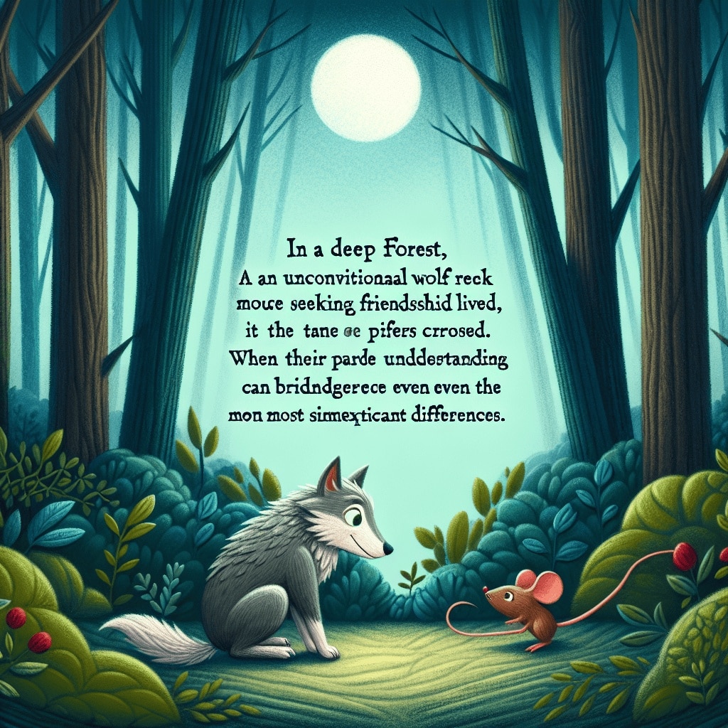 In einem tiefen Wald lebte ein unkonventioneller Wolf, der Freundschaft suchte, während eine schüchterne Maus auf der Flucht vor ihrer Angst war. Als sich ihre Wege kreuzten, begannen sie eine unerwartete Verbindung zu knüpfen. Trotz ihrer Unterschiede lernten sie, dass Mut und Verständnis selbst die größten Unterschiede überbrücken können. Eine herzerwärmende Geschichte über Freundschaft und die Kraft der Überwindung.