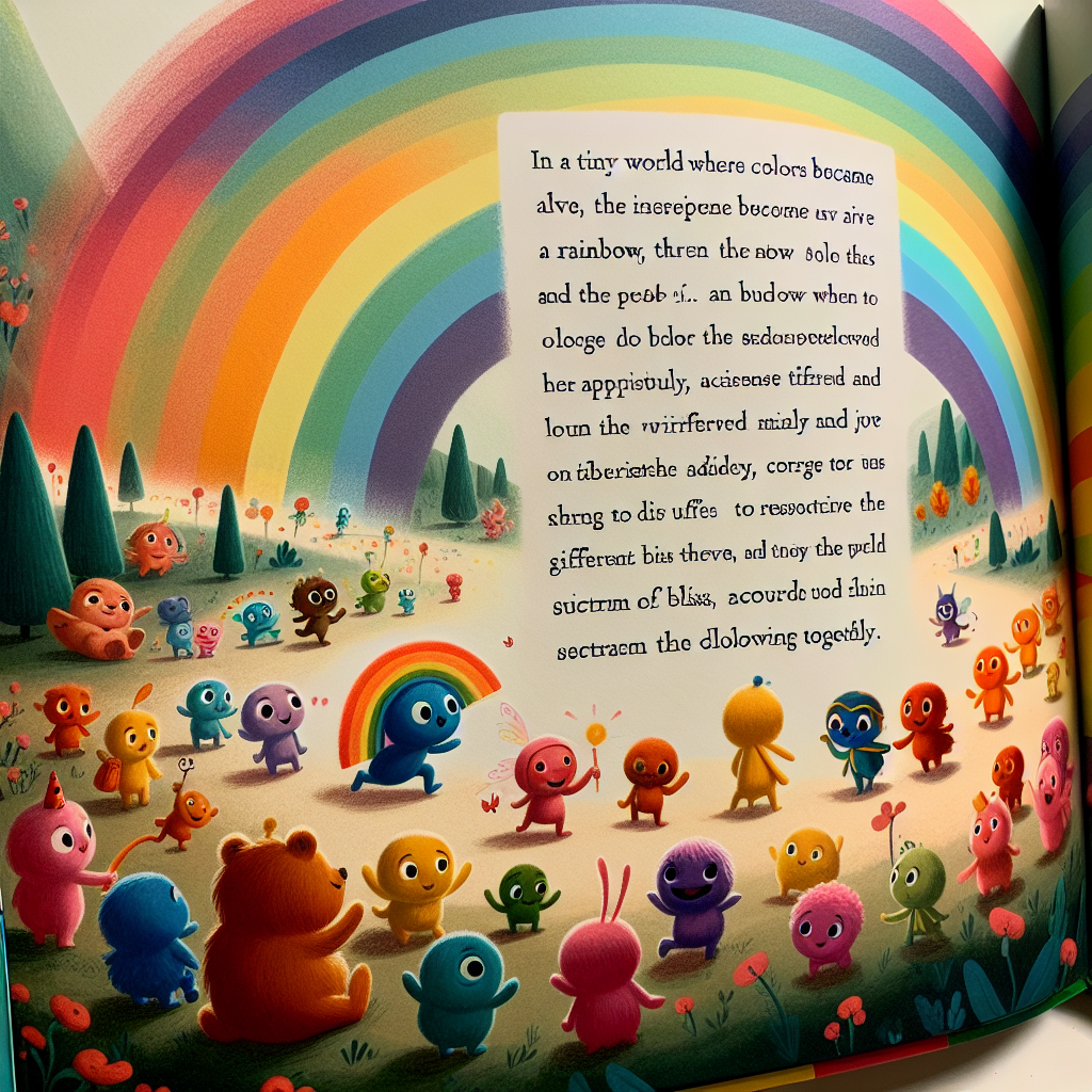 In einer kleinen Welt, wo Farben lebendig wurden, erlebten die Bewohner die Magie eines Regenbogens. Jeder Farbton brachte Freude und neue Abenteuer, während die Wesen des Landes lernten, ihre Unterschiede zu schätzen und gemeinsam zu feiern. Doch als der Regenbogen plötzlich zu verblassen drohte, waren Mut und Freundschaft gefragt, um das Spektrum der Glückseligkeit zu retten. Wird es gelingen, die fröhlichen Farben wieder zum Strahlen zu bringen?